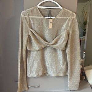 Anthropologie Metallic Long Sleeve Top - Silver